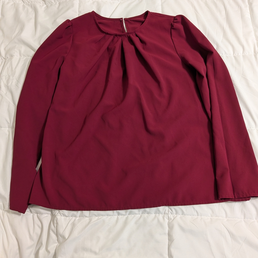 Womens Pleated Front Long Sleeve Blouse‎ Burgundy Wine Color Top